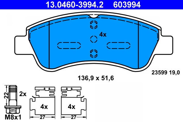 Jeu de 4 plaquettes de frein à disque   13.0460-3994.2